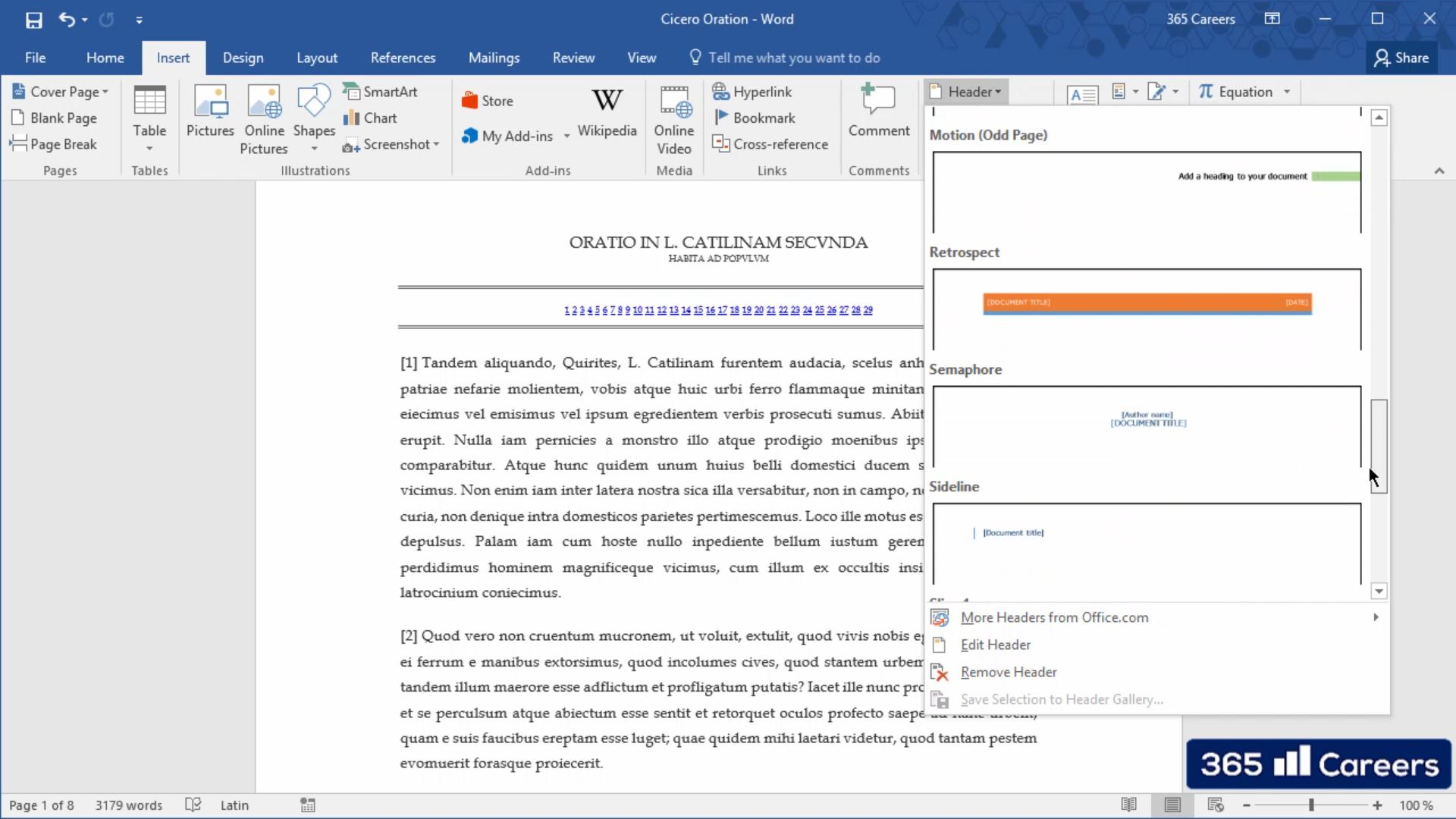 document info on the insert tab in 2016