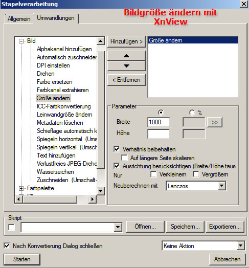 Bildgröße ändern mit Stapelverabeitung in XnView