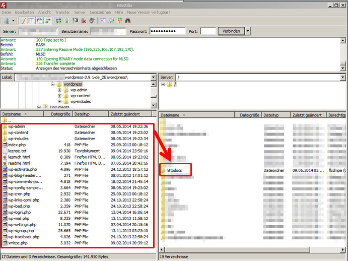 WordPress mit Filezilla auf Server per FTP übertragen