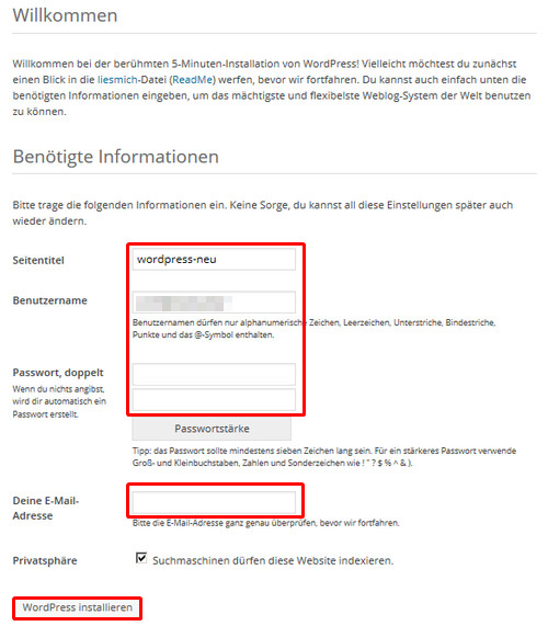 Installationsfenster WordPress