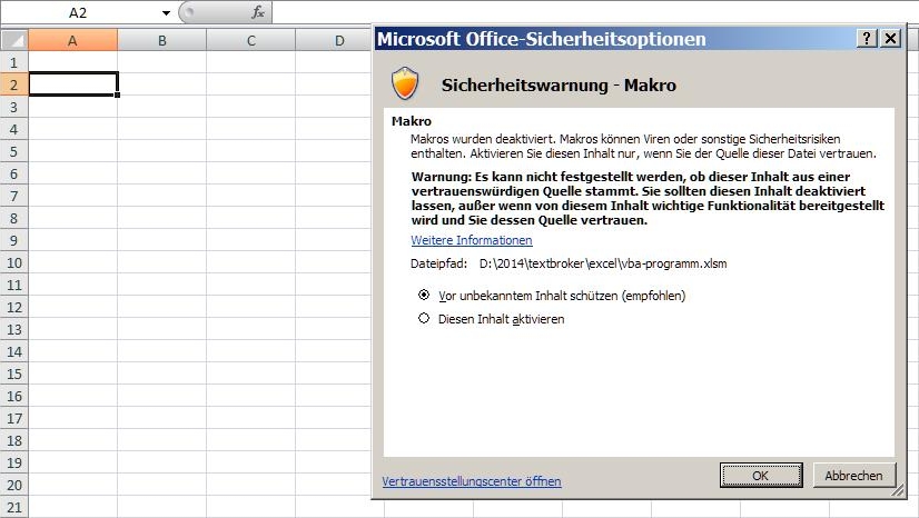 Sicherheitsabfrage nach Öffnen einer Excel-Datei mit einem Makro