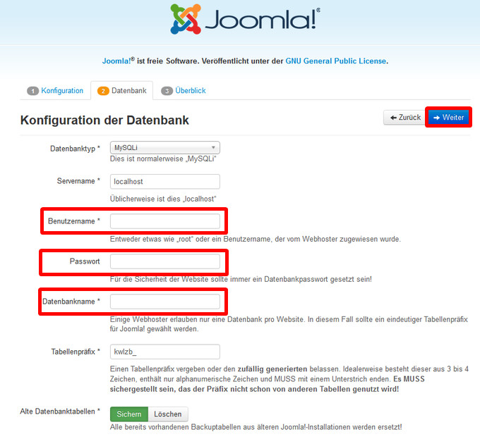 Abfrage der Zugangsdaten für Ihre Datenbank durch Joomla