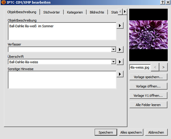 Das Dialogfenster „IPTC-IIM/XMP bearbeiten“ bietet viele Möglichkeiten, Bildinformationen einzutragen