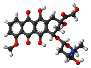 Ball-and-stick model of the doxorubicin molecule, an anti-cancer drug. Colour code: Carbon, C: black Hydrogen, H: white Oxygen, O: red Nitrogen, N: blue